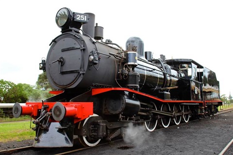 A black train travelling along the Bellarine Railway line