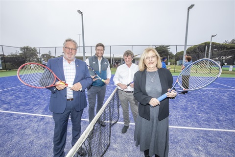 Borough Mayor Ross Ebbels, Tennis Australia Regional Manager Country West Paul Senior, Point Lonsdale Tennis Club President Peter Callahan and Member for Bellarine Lisa Neville MP testing out the new court facilities