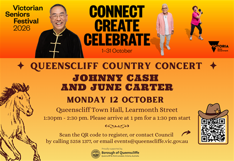 Queenscliff Country Concert presents the Johnny Cash and June Carter Show, 12 October, doors open 1pm, Queenscliff Town Hall for Victorian Seniors Festival.