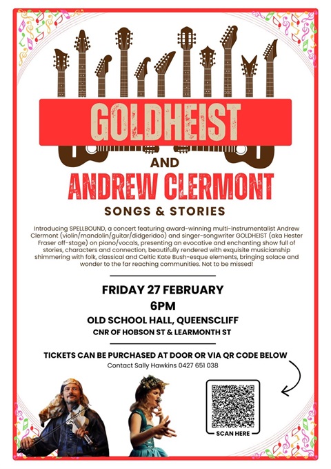 Spellbound concert featuring Goldheist and Andrew Clermont 27 February 2026 Old School Hall Queenscliff