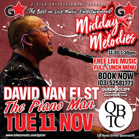 David Van Elst the Piano Man live at Midday Melodies at Queenscliff Tennis Bowling Croquet Club 11 November 2025
