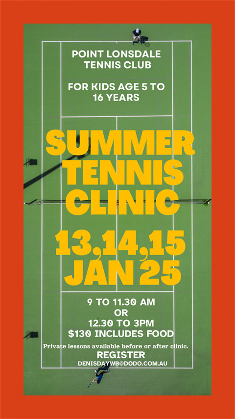 Summer Tennis Clinic 13, 14 and 15 January 2025, kids ages 5 to 16 years