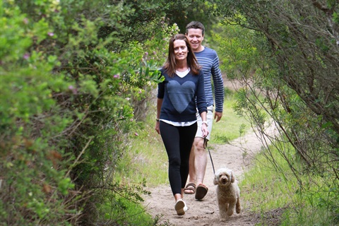 A couple walk their dog along Lovers Walk