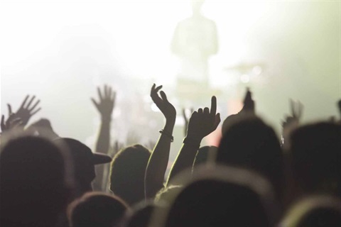 Hands point to the sky in a crowd at Queenscliff Music Festival