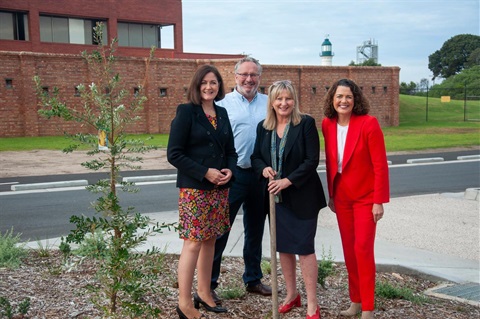 Mayor Cr Ross Ebbels and government ministers pose at Hesse Street South redevelopment opening